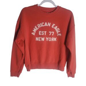 American Eagle Crew Neck Sweatshirt Women's XS Coral White Spell Out Y2K Style
